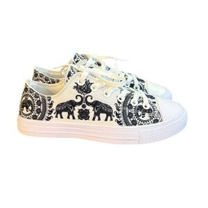 Women's White Canvas Lace-Up Sneakers with Black Elephant Motif